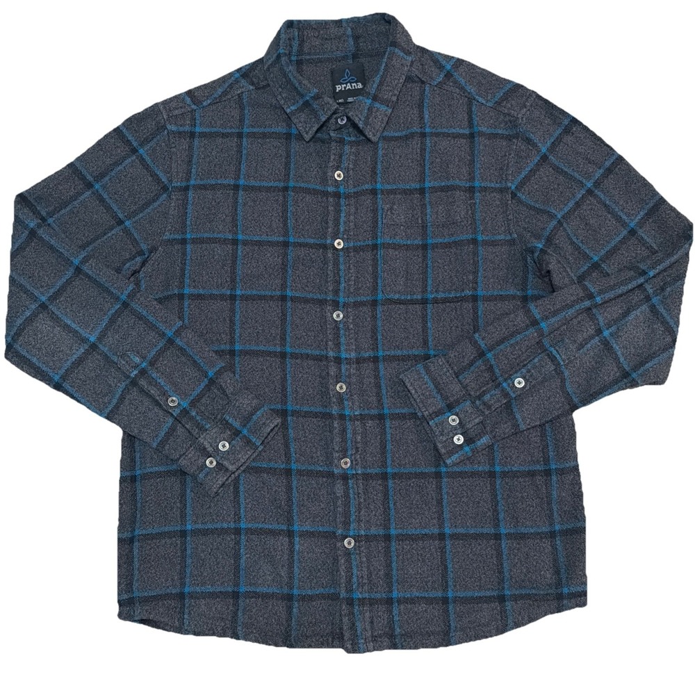Prana Men's Large Metal Button Up Long‎ Sleeve Flannel Shirt Pocket